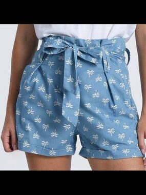 Molly Bracken High-Waist Blue Palm Print Paperbag Shorts In Blue Loloo